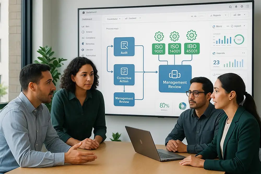 Equipo en oficina LATAM colaborando en un tablero QMS con ISO 9001, 14001 y 45001 integrados a través de flujos no‑code.