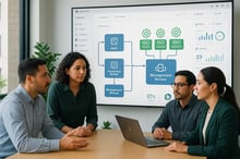 Equipo en oficina LATAM colaborando en un tablero QMS con ISO 9001, 14001 y 45001 integrados a través de flujos no‑code.