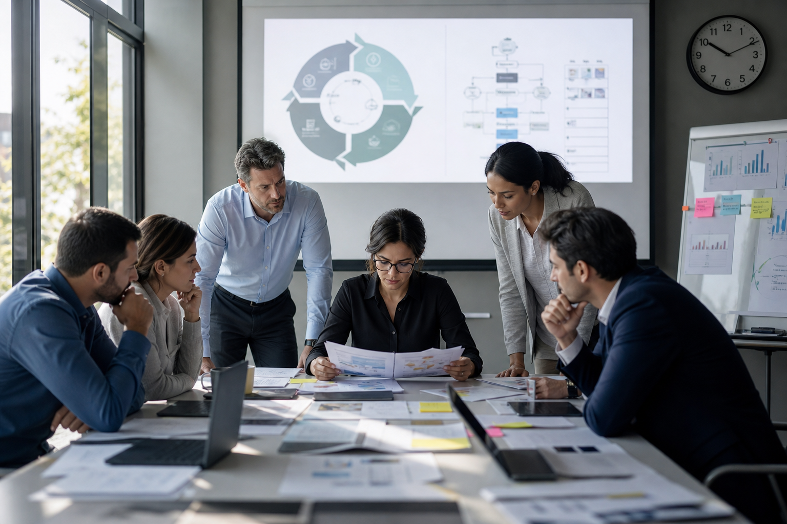 Diverse Professionals in Modern Conference Room with ISO 9001 Audit Diagram