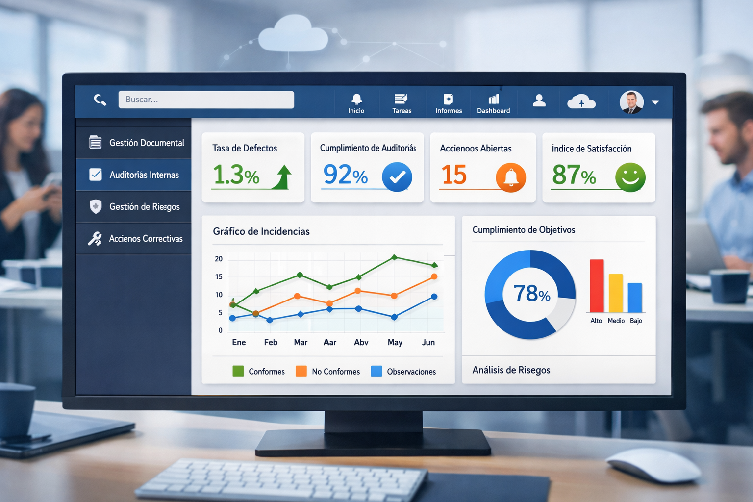 La imagen muestra una interfaz de software de gestin de calidad moderna con un diseo limpio y minimalista En el centro un panel de control presenta gr-1