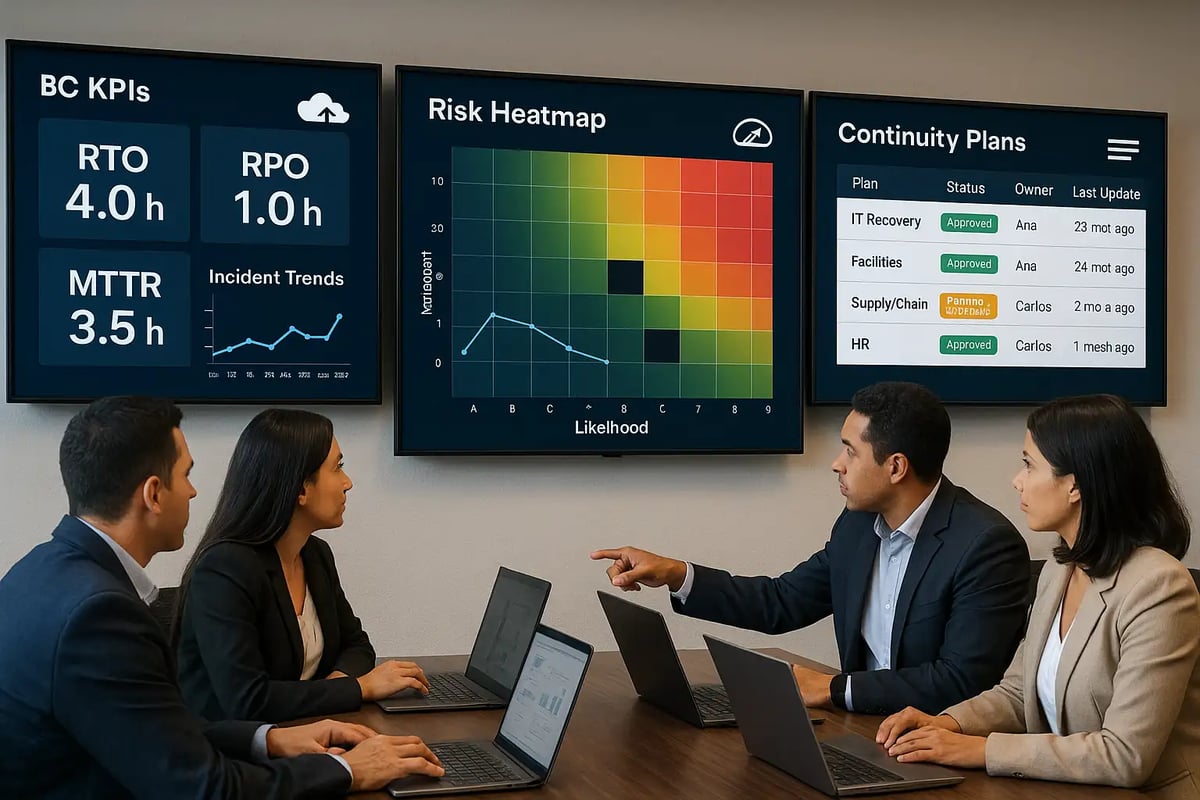  Centro de control con tableros de RTO, RPO y MTTR alineados a ISO 22301.