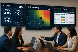  Centro de control con tableros de RTO, RPO y MTTR alineados a ISO 22301.