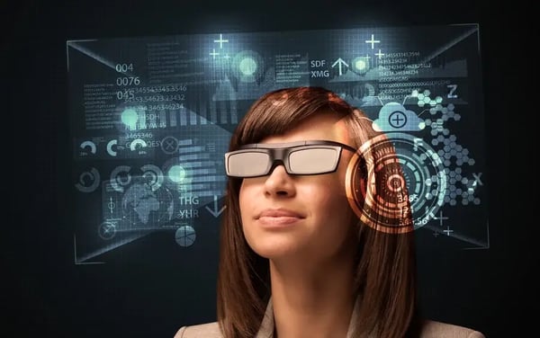 Young woman looking with futuristic smart high tech glasses concept (1)