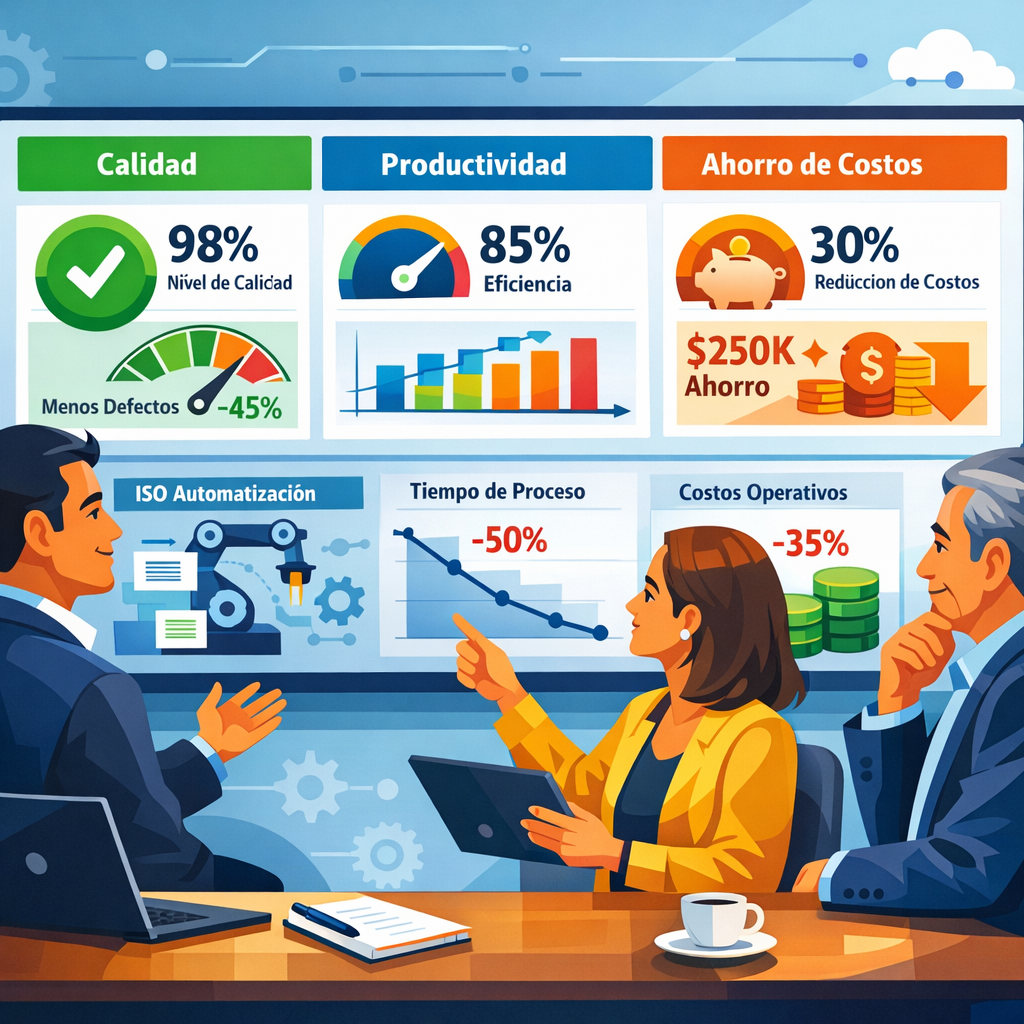Directivos de una pyme latinoamericana analizando en pantalla un tablero de KPIs de calidad y ahorro tras automatizar procesos ISO.