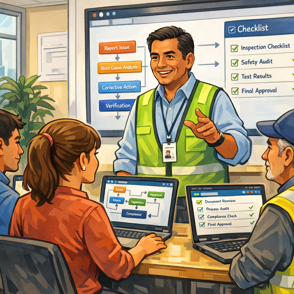 Jefe de calidad latinoamericano capacitando a su equipo frente a portátiles con un software QMS en pantalla.